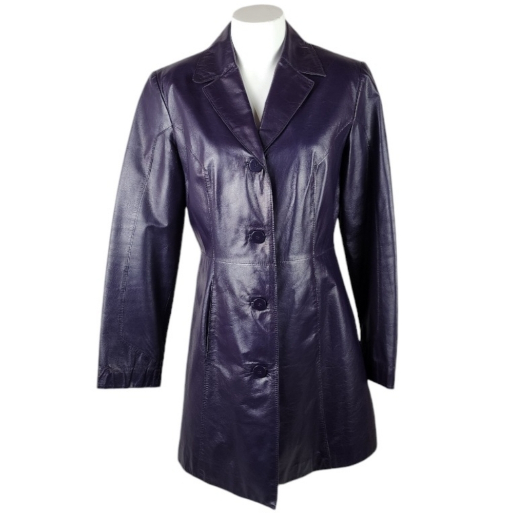 Vintage Danier Leather Button Front Trench Coat Dark Purple Size 6 Whimsigoth